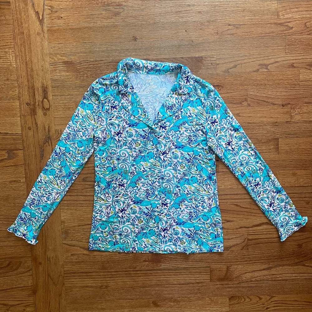 Lilly Pulitzer Ruffle PJ Button Up Top Melon Fig Tint Monkey Sea Pajama Top XS - Picture 3 of 16